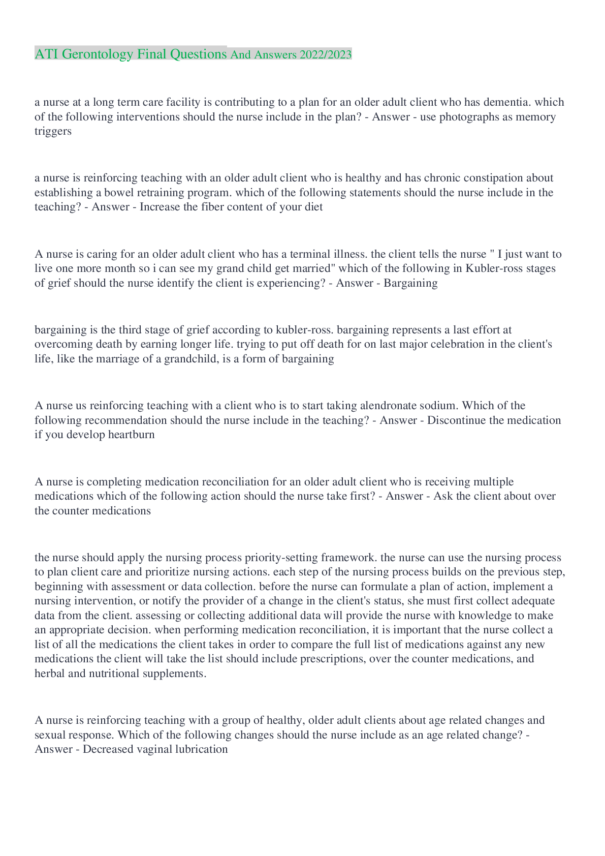Preview of ATI Gerontology Final Quiz /ATI Learning System/ Questions & Answers